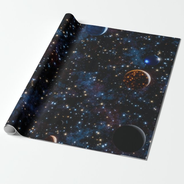 Papel De Regalo Espacio con galaxias, estrellas y planetas (Desenrollado)