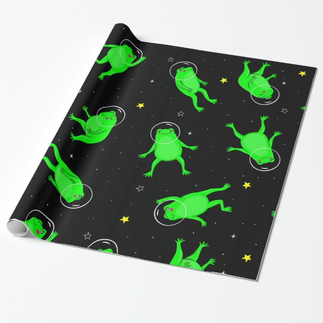 Papel De Regalo espacio de ranas astronautas divertidas negro (Desenrollado)