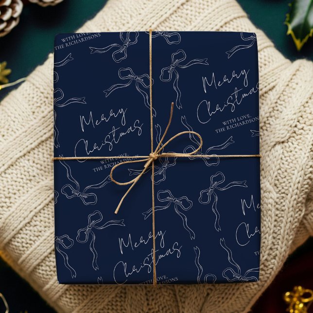 Papel De Regalo Espectacular arcos de la marina azul nombre famili (Hand drawn whimsical ribbons navy and white Christmas Gift Wrapping Paper with your custom name)
