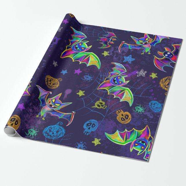 Papel De Regalo Espectacular neón Halloween diseño murciélagos col (Desenrollado)