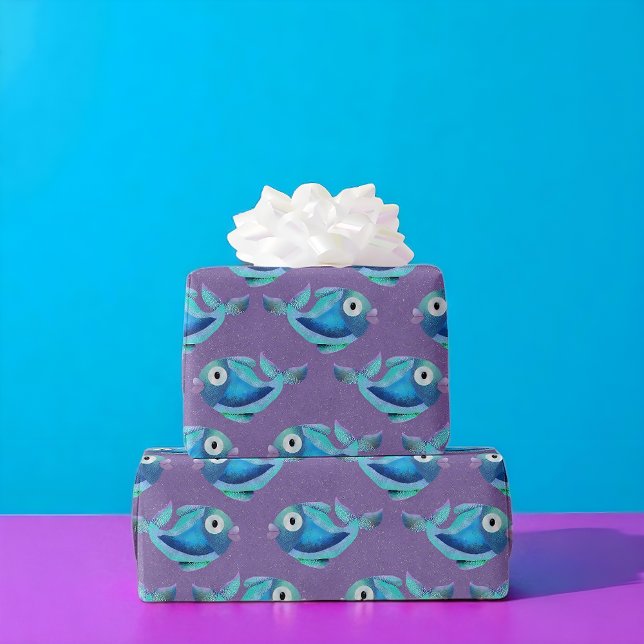 Papel De Regalo Espectacular patrón de peces azules costeros (Blue fish gift wrap with purple background for ocean lovers.)