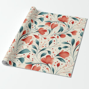Papel De Regalo Espectacular patrón floral azul y rojo