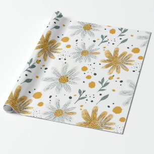 Papel De Regalo Espectacular patrón floral blanco y amarillo