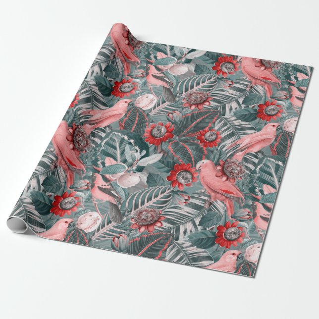 Papel De Regalo Espectáculo de selva de loros tropicales antiguos  (Desenrollado)