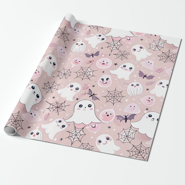 Papel De Regalo Espectadores rosas y elementos de Halloween Patrón (Desenrollado)