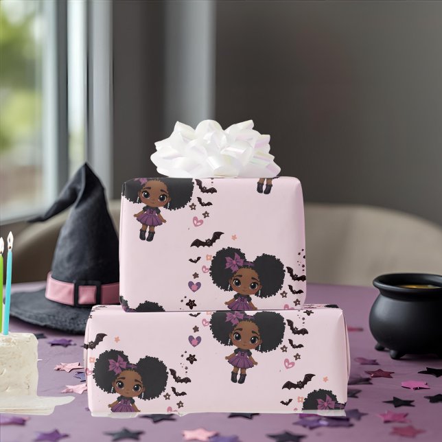Papel De Regalo Espeluznante adorable patrón de afro-puff chica pú (Spooky cute purple girl afro-puff pattern wrapping paper)