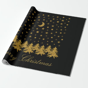 Papel De Regalo Espeluznante árbol de Navidad dorado, luna, estrel