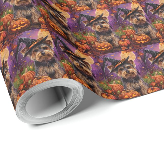 Papel De Regalo Espeluznante Biewer Terrier Halloween Bruja Y Cala (Esquina del rollo)