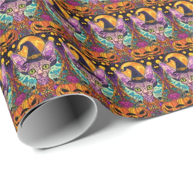 Papel De Regalo Espeluznante Bruja Y Calabaza De Halloween De Gato (Esquina del rollo)
