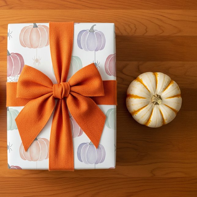 Papel De Regalo Espeluznante Calabaza Pastel y Halloween Araña (gift wrapping with an orange bow
)