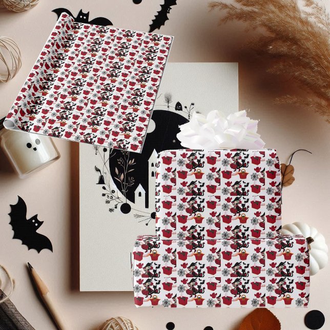 Papel De Regalo Espeluznante Fiesta de brujas de Halloween (Spooky Halloween Witch Party Cat Ghost Spider Web Wrapping Paper)