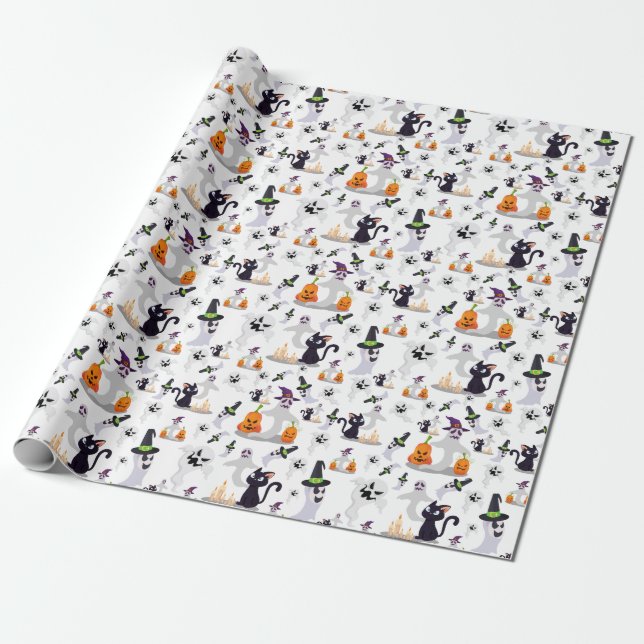 Papel De Regalo Espeluznante Gantador Fantasma Calabaza Gato Asust (Desenrollado)