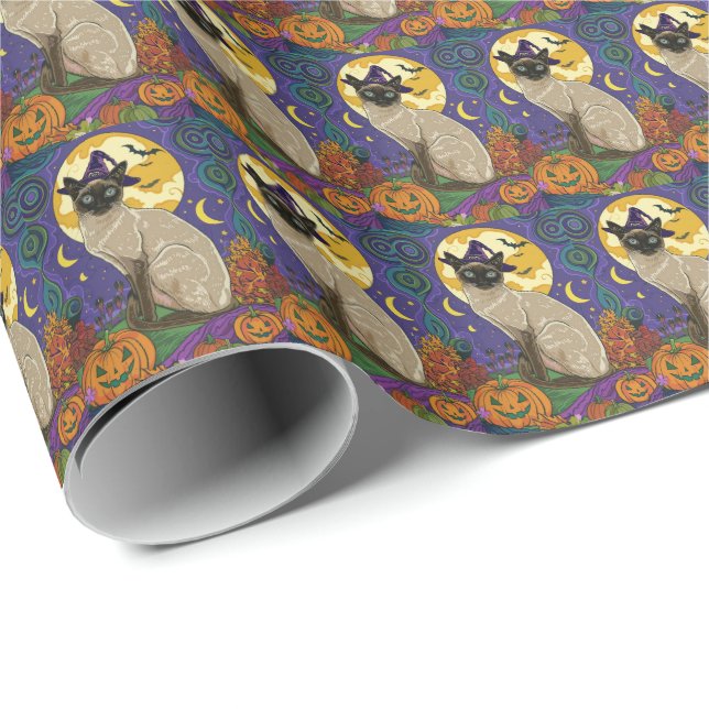Papel De Regalo Espeluznante Gato Siamés Halloween Bruja Y Calabaz (Esquina del rollo)