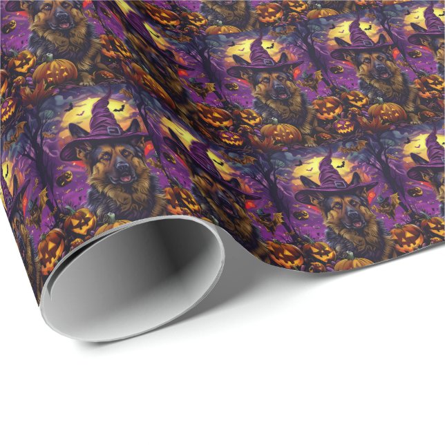 Papel De Regalo Espeluznante pastor alemán Halloween Calabaza de B (Esquina del rollo)