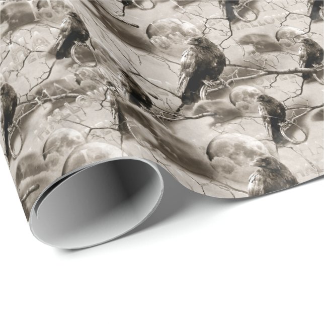 Papel De Regalo Espeluznante Raven Gótico En Halloween Adulto De L (Esquina del rollo)