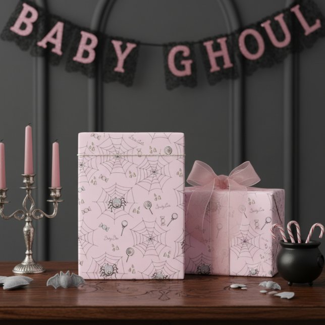 Papel De Regalo Espeluznante Rosa, Arañas Infantiles, Webs y Candy (Spooky Cute Baby Spiders Halloween Girl Baby Shower Wrapping Paper. Pink Spiders & Webs Pattern)