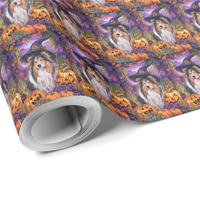 Papel De Regalo Espeluznante Shetland Sheepdog Halloween Witch Pum (Esquina del rollo)