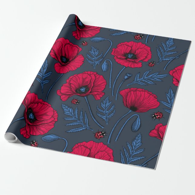 Papel De Regalo Espías rojas y ladybugs en azul oscuro (Desenrollado)