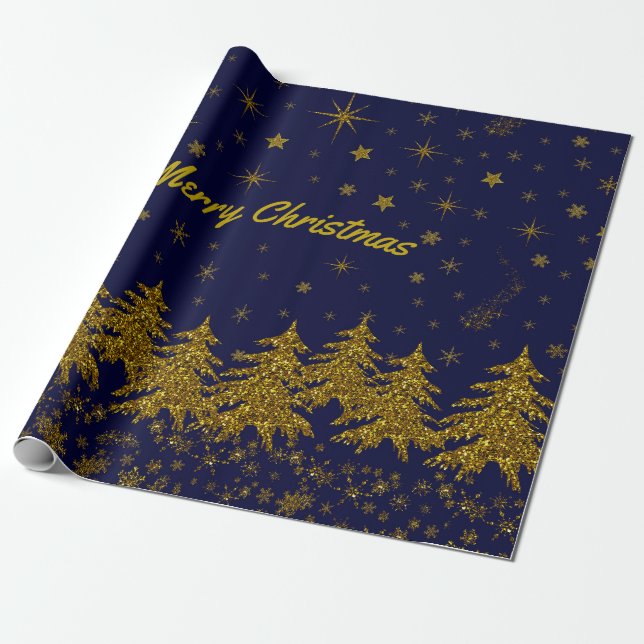 Papel De Regalo Espinoso árbol de Navidad de oro, estrellas, nieve (Desenrollado)