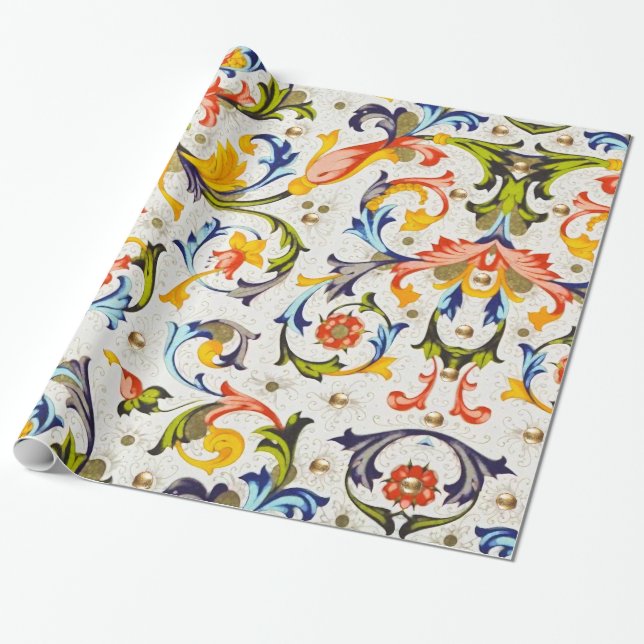 PAPEL DE REGALO ESPIRALES FLORALES RENACIMIENTO FLORENTINO, FLORES (Desenrollado)