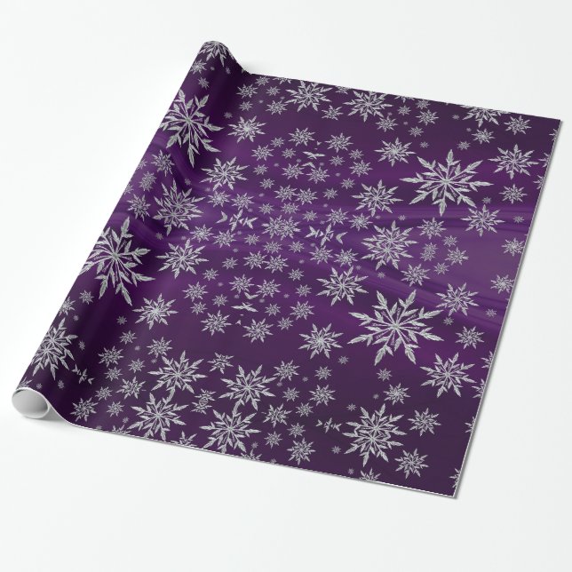 Papel De Regalo Espumosos copos de nieve de plata en morado (Desenrollado)
