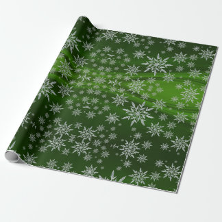 Papel De Regalo Espumosos copos de nieve plateados en verde