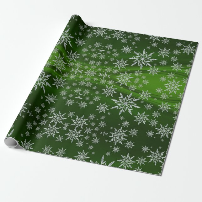 Papel De Regalo Espumosos copos de nieve plateados en verde (Desenrollado)