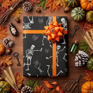 Papel De Regalo Esqueleto Bailarín Divertido de Halloween Blanco y