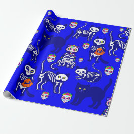 Papel De Regalo esqueleto de cráneo de gato de halloween azul