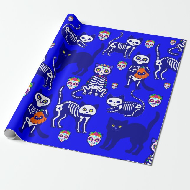 Papel De Regalo esqueleto de cráneo de gato de halloween azul (Desenrollado)