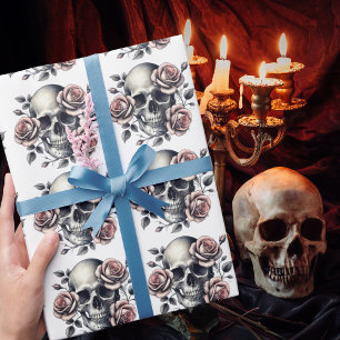 Papel De Regalo Esqueleto Gótico Flores Rosas Lindo Romántico