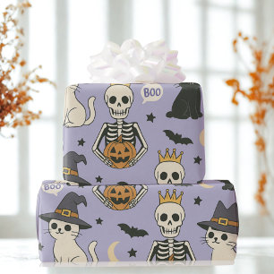 Papel De Regalo Esqueletos morados de Halloween, gatos de bruja y 