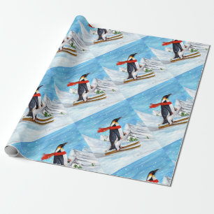 Papel De Regalo Esquí Penguin de estilo vintage