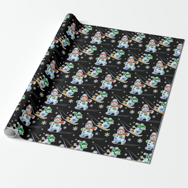 Papel De Regalo Esquiando snowmen de esquí mate negro (Desenrollado)