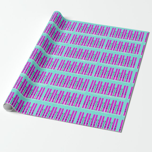 Papel De Regalo Esquíes rosados en azul (Desenrollado)
