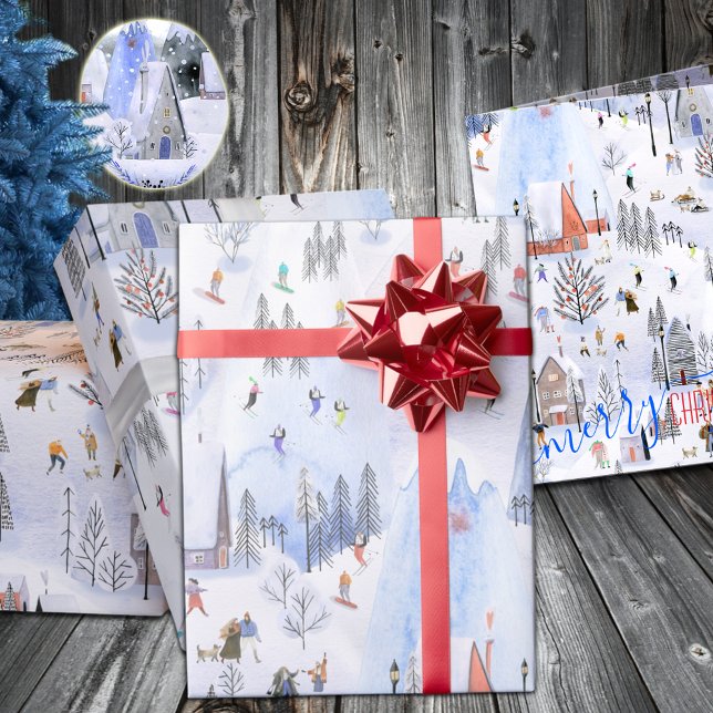Papel De Regalo Estación de Esquí Busy Mountain (Mountain Ski Village Holiday Gift Wrapping Paper in 6 & 15 foot long 30 inch wide rolls)