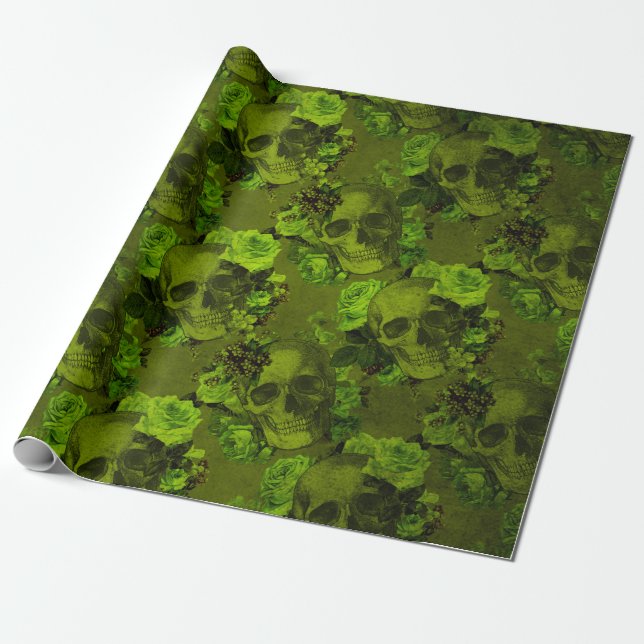 Papel De Regalo Estampa de cráneo floral gótico Halloween rústico (Desenrollado)