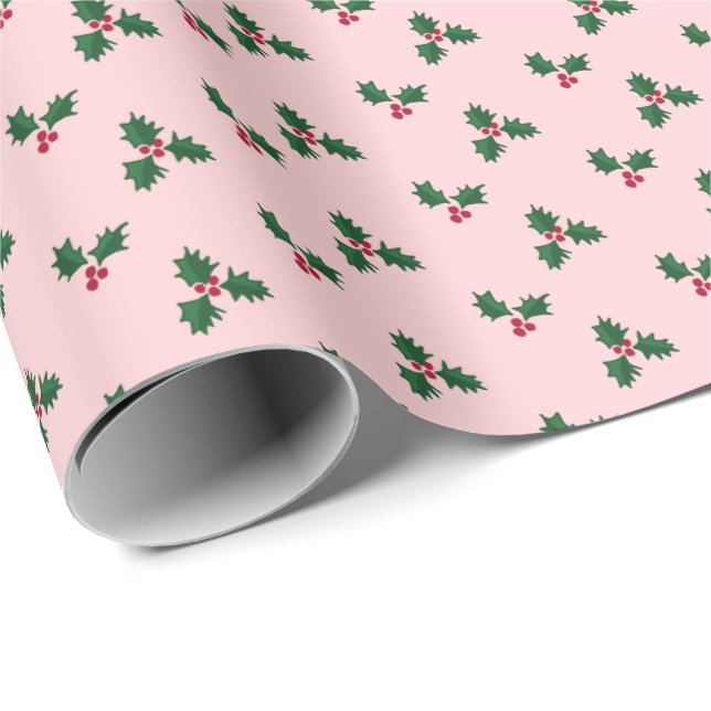 Papel De Regalo Estampado de Acebo Rosa Rubor (Esquina del rollo)