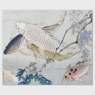 Papel De Regalo Estampado de Chinoiserie Pez Koi y Wisteria Púrpur