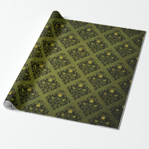 Papel De Regalo Estampado de Damasco Verde Oliva Halloween Rústico