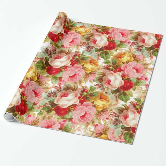 Papel De Regalo Estampado de flores amarillo rosado de los rosas (Desenrollado)