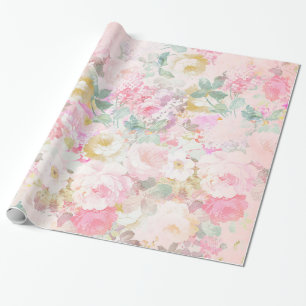 Papel De Regalo Estampado de flores blanco rosado retro elegante