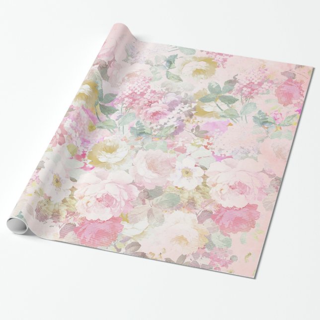 Papel De Regalo Estampado de flores blanco rosado retro elegante (Desenrollado)