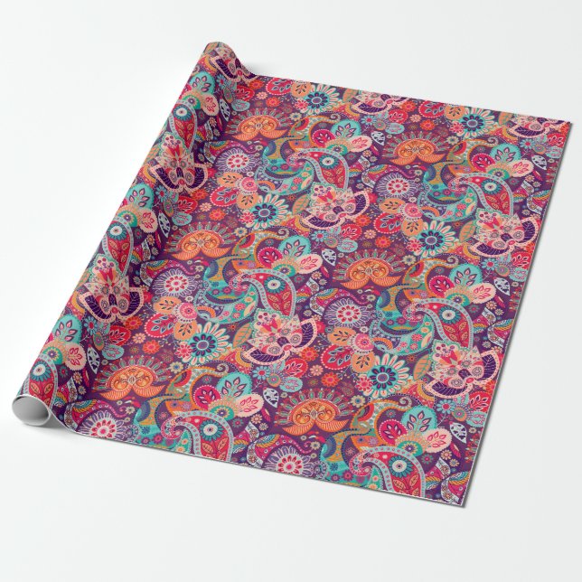 Papel De Regalo Estampado de flores de neón rosado de Paisley (Desenrollado)