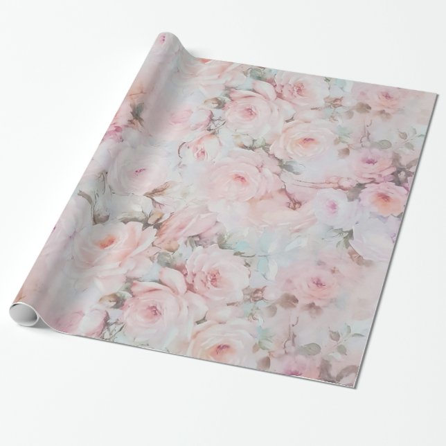 Papel De Regalo Estampado de flores verde azulado rosado bohemio (Desenrollado)