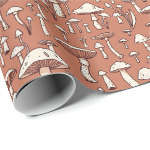 Papel De Regalo Estampado de hongos sobre marrón terracota