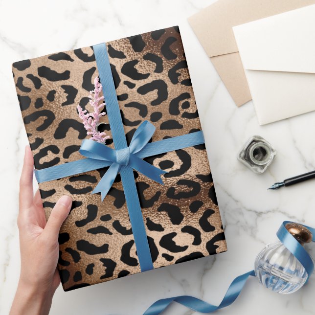 Papel De Regalo Estampado de leopardo chic negro bronce monograma (Regalar)