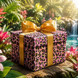 Papel De Regalo Estampado de leopardo rosa y dorado