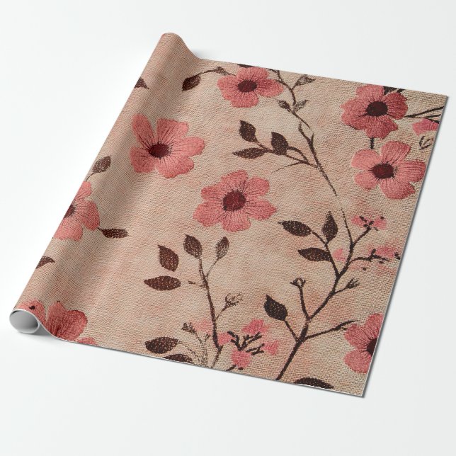 Papel De Regalo Estampado de lino floral rosa rústico (4) (Desenrollado)