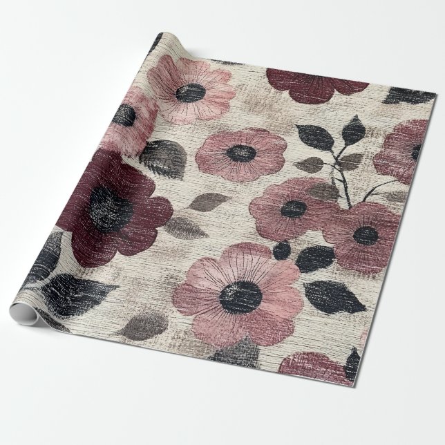 Papel De Regalo Estampado de lino floral rústico rosado (7) (Desenrollado)